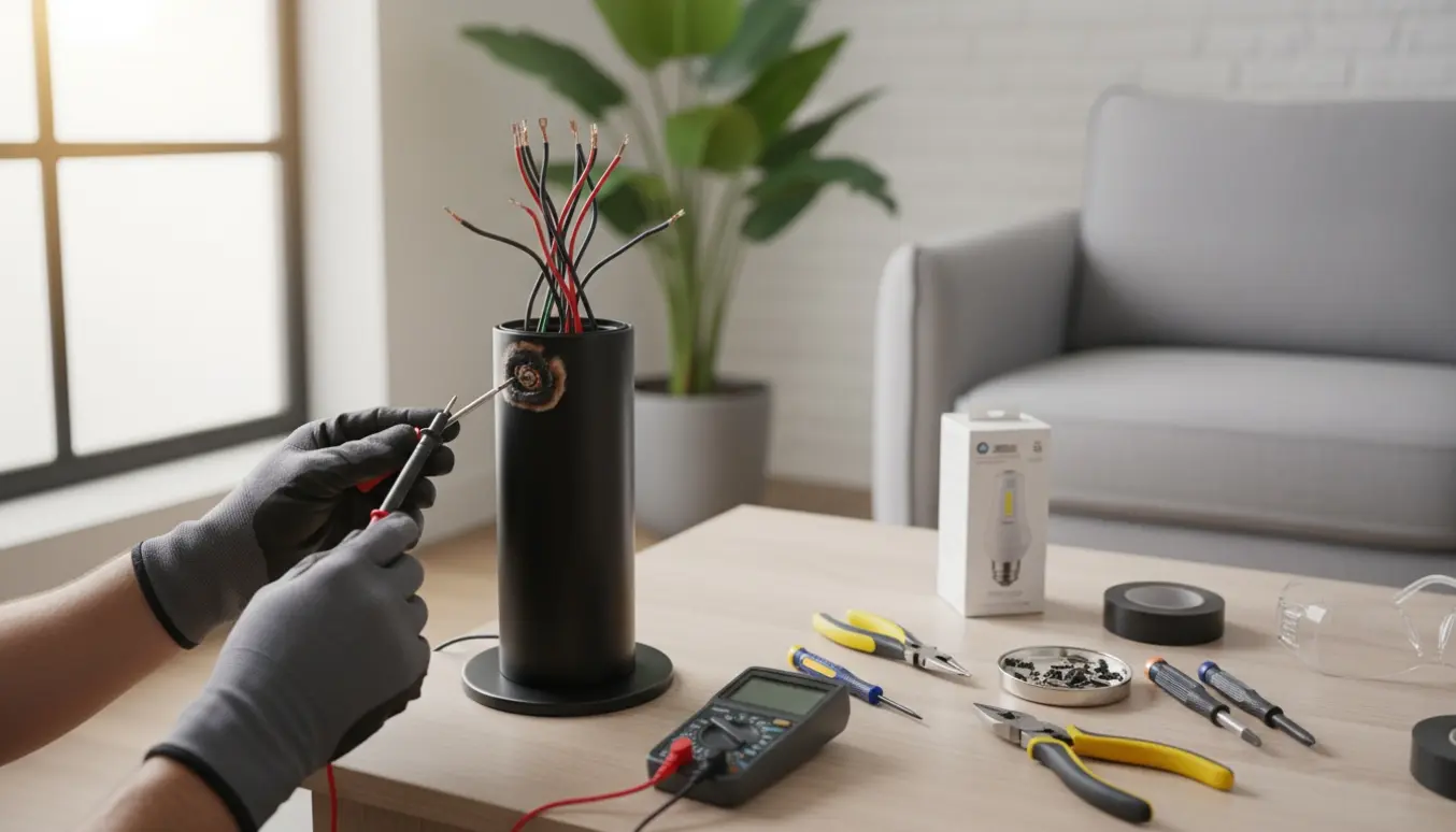 Nærbillede af reparation af en moderne gulvlampe med afmonteret tænd/sluk-kontakt og værktøj på et bord.