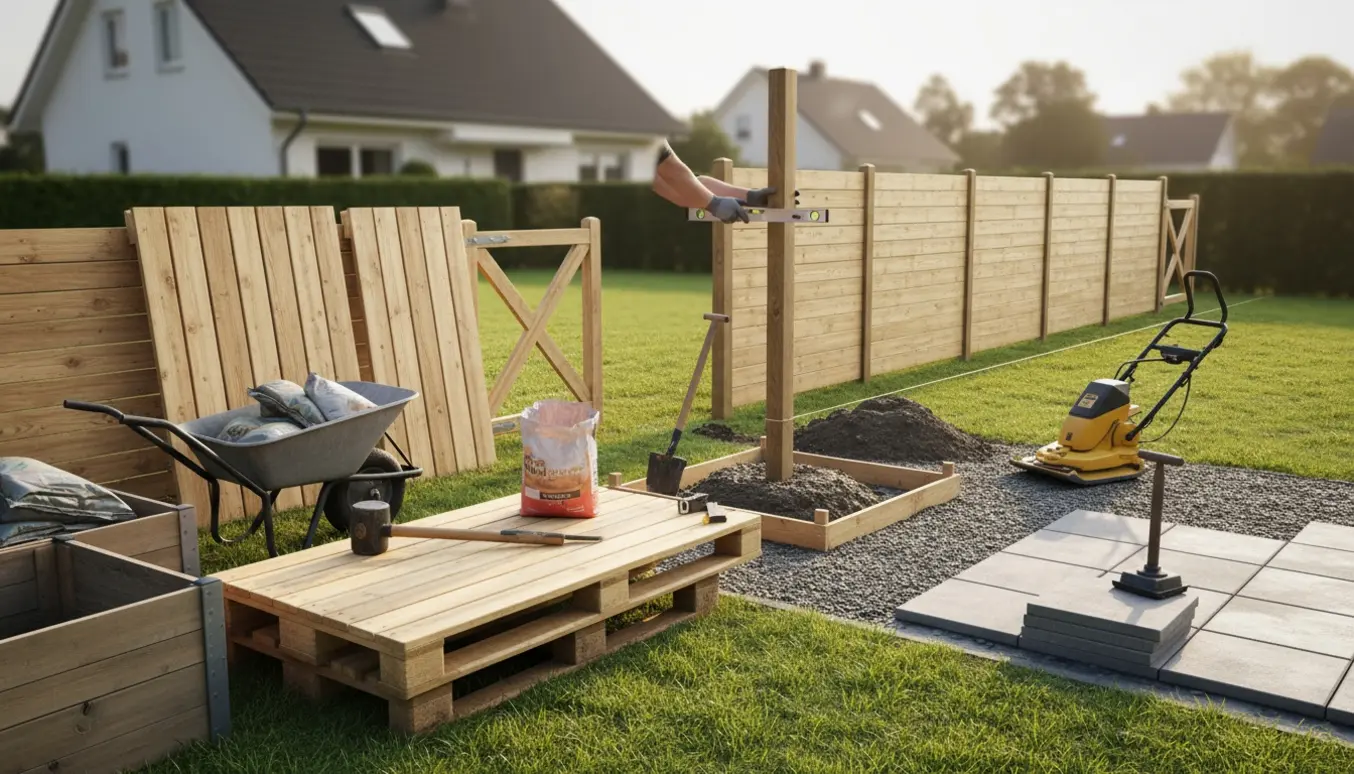 Montering af nyt Linnea Plus hegn og låger med stolper i våd beton og fliser klar til lægning.