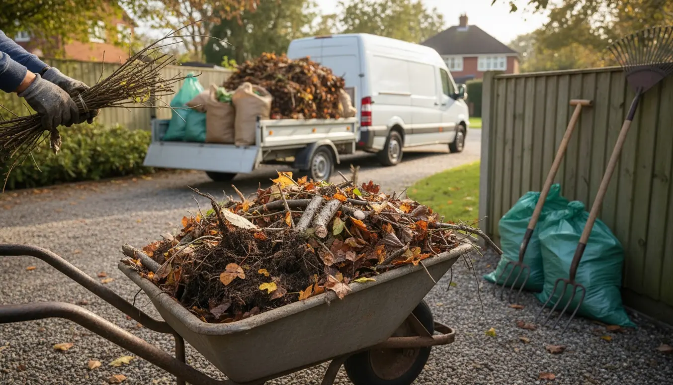Trillebør og trailer fyldt med blandet haveaffald — blade, grene og rødder med jord — klar til bortkørsel.