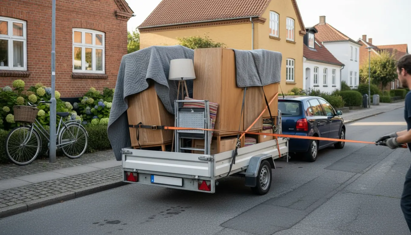 Trailer ved en bil med tre skabe og løse ting klar til aflevering på genbrugsstationen.