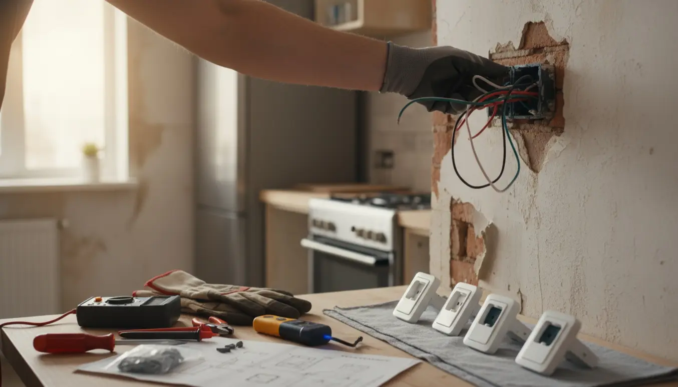 Nærbillede af udskiftning af køkkenstikkontakt i et delvist nedrevet køkken med værktøj og måleudstyr.
