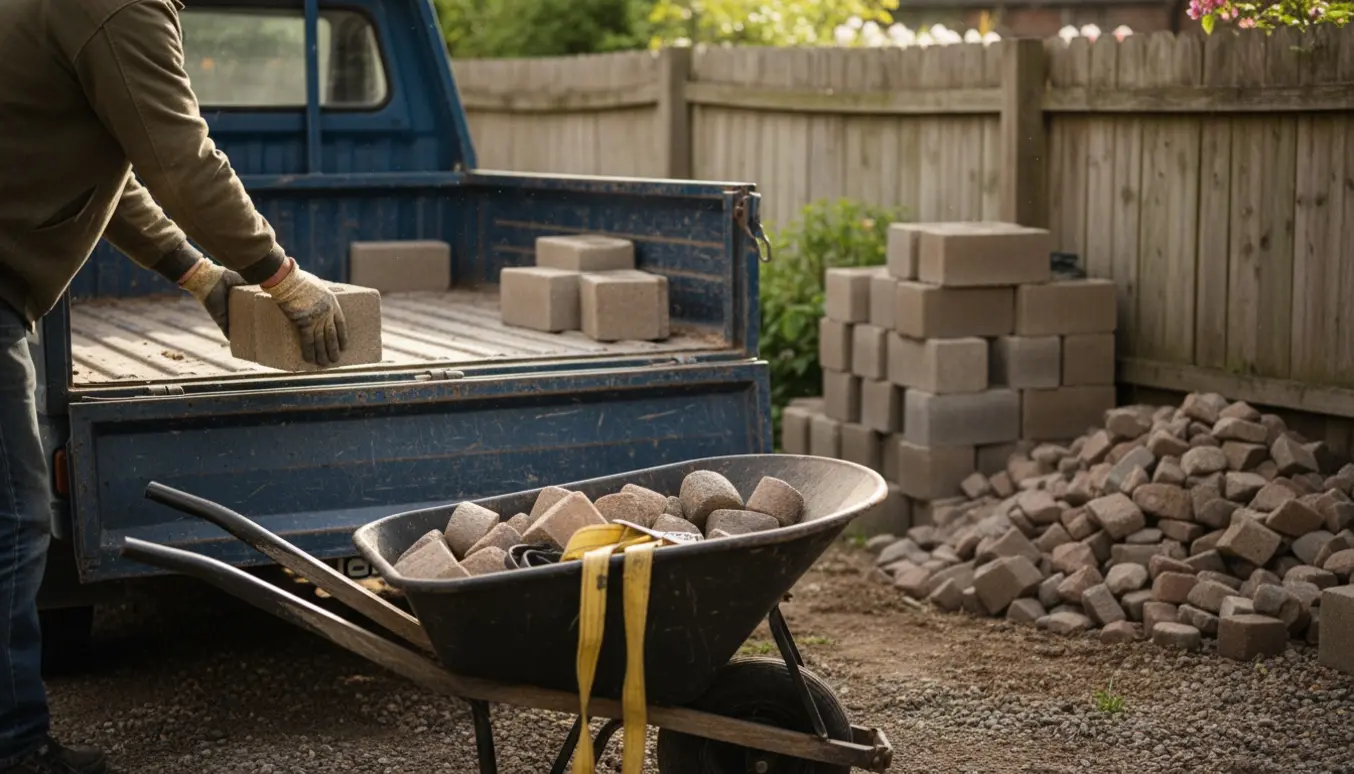 Hænder laster tunge betonblokke og en bunke brosten i en åben ladbil ved et plankeværk.