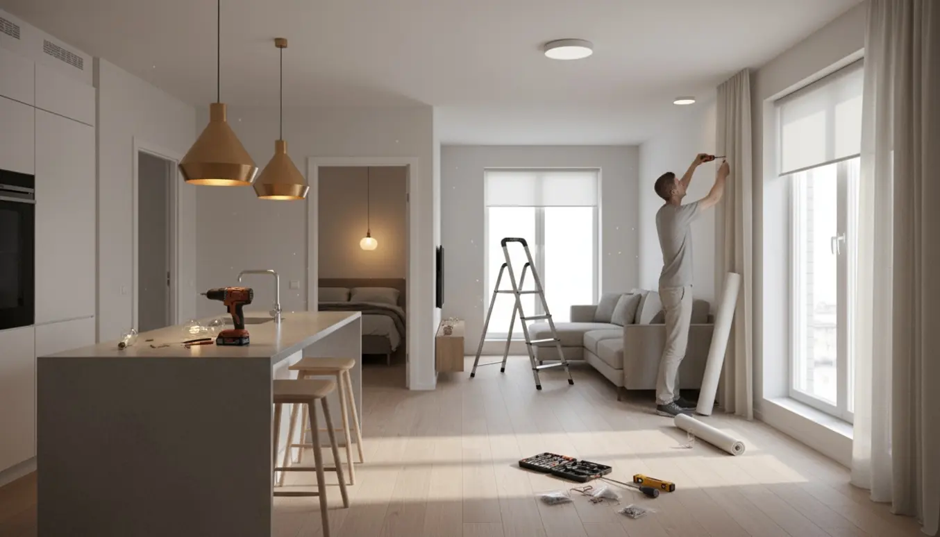 Håndværker monterer loftlamper og gardinruller i et lyst, moderne lejlighedsrum.