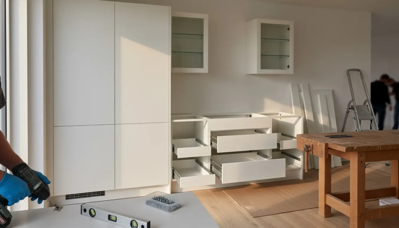 Montering af hvide modulopbyggede køkkenskabe i et lyst køkken med værktøj og åbne skuffer.