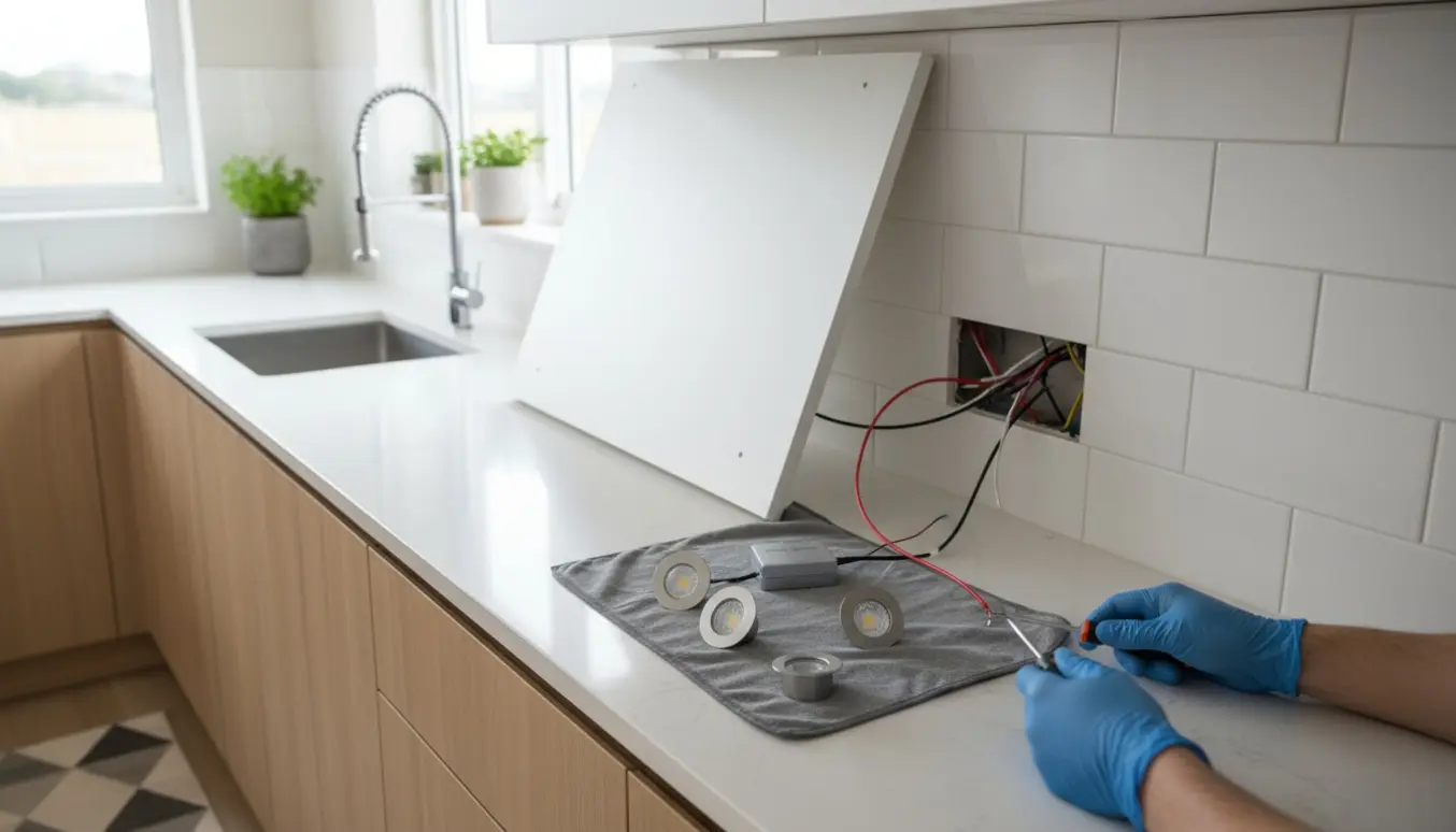 Gloved hænder arbejder på LED-spot lys og ledninger bag et midlertidigt nedtaget køkkenskab.