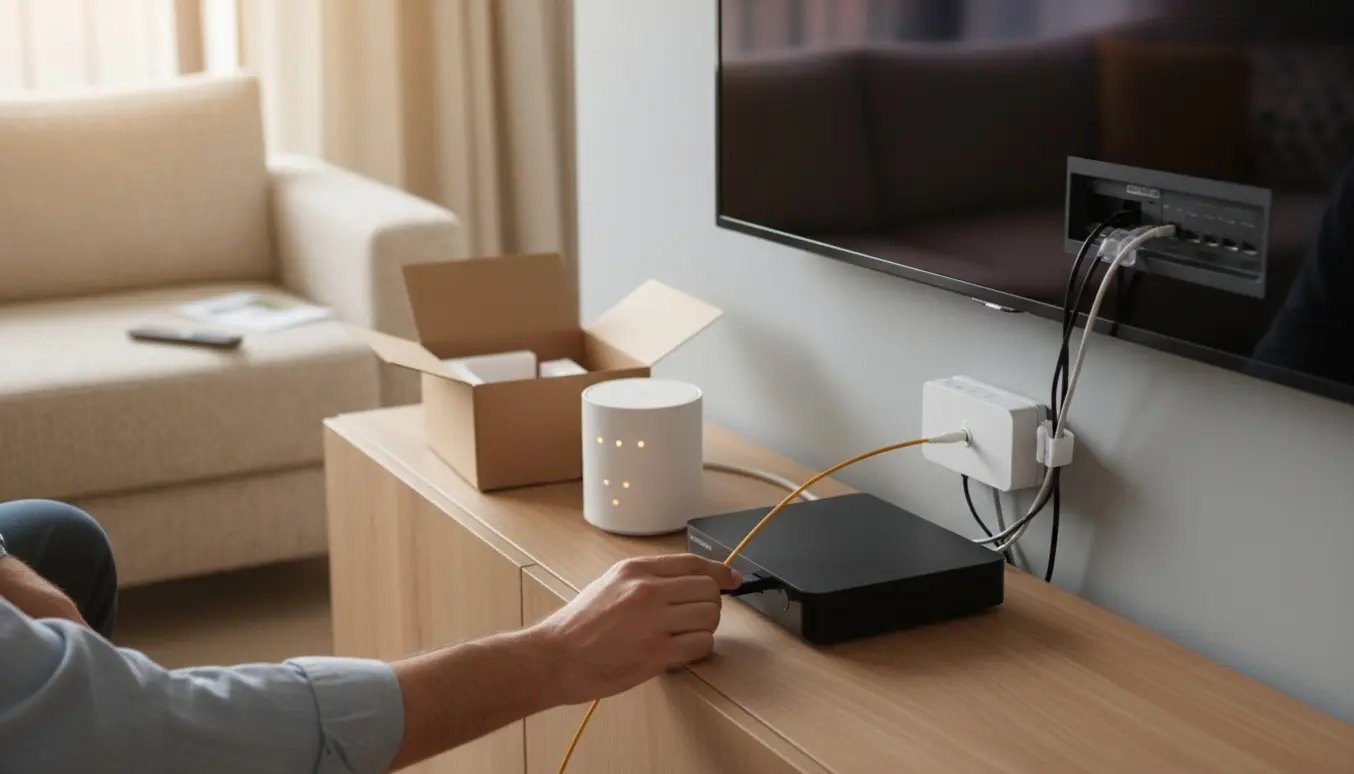 Hænder forbinder fiberkabel og HDMI til en ny tv-boks i en moderne stue.