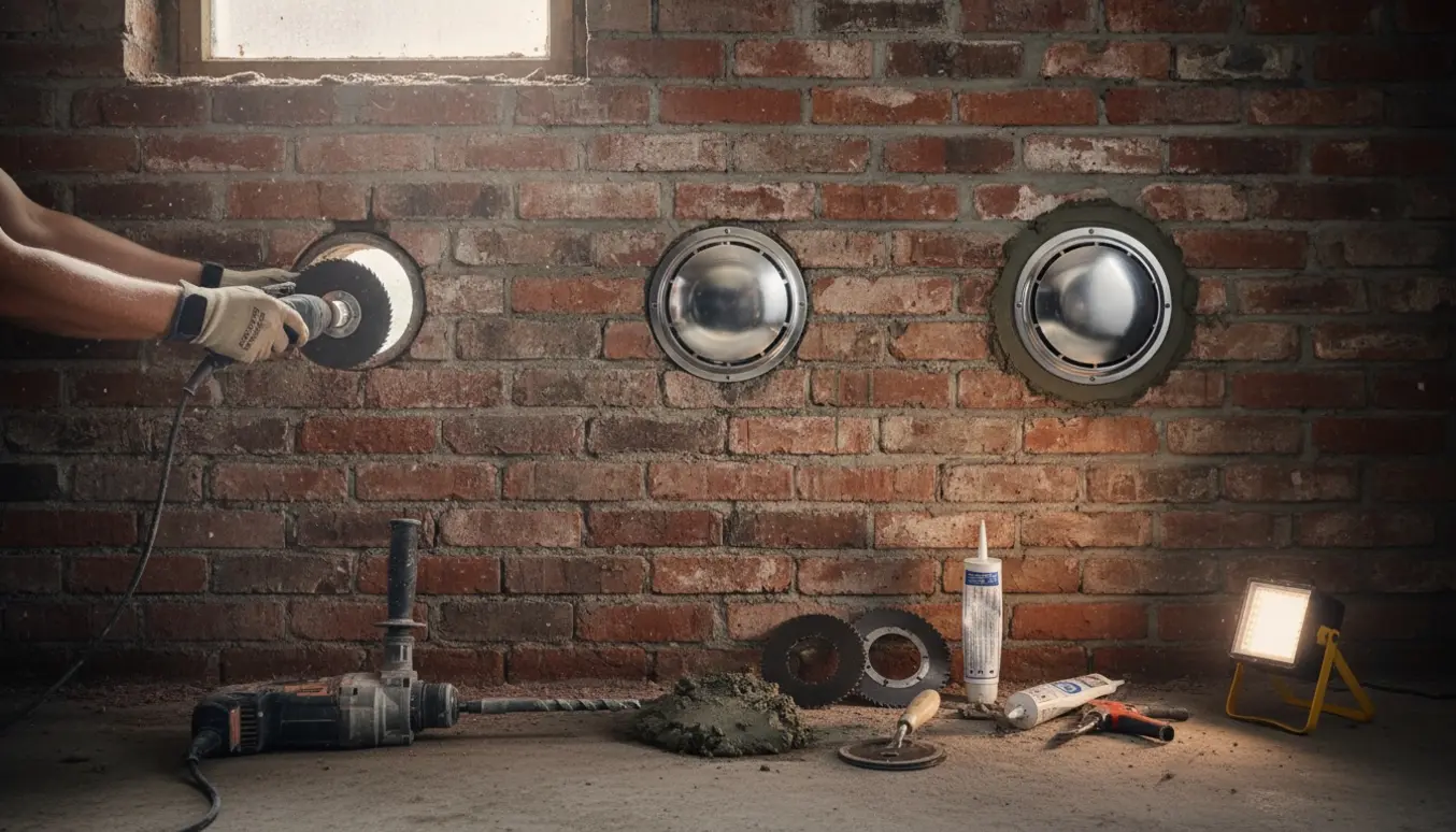 Tre ventilationsudtag monteres i en murstensvæg i en kælder med værktøj og borehul synligt.