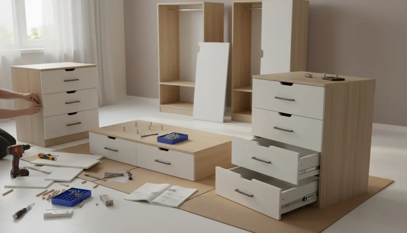Delvist samlede fladpakkede kommoder og skabe med værktøj og manual på et lyst trægulv.