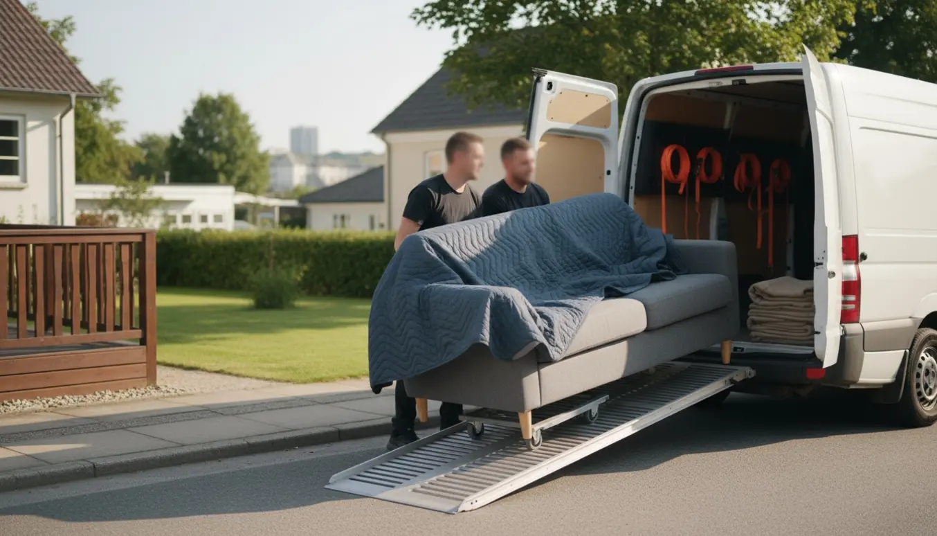 2,5-personers sofa bliver læsset ind i en flyttevogn på en træfyldt villavej.