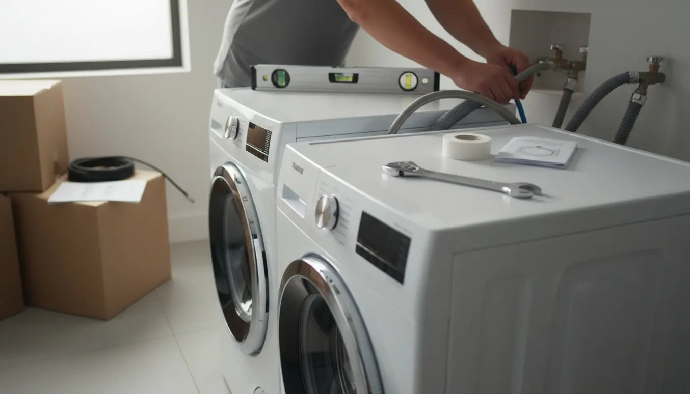 Hænder forbinder slanger på en vaskemaskine og tørretumbler, der står side om side i et lyst bryggers.