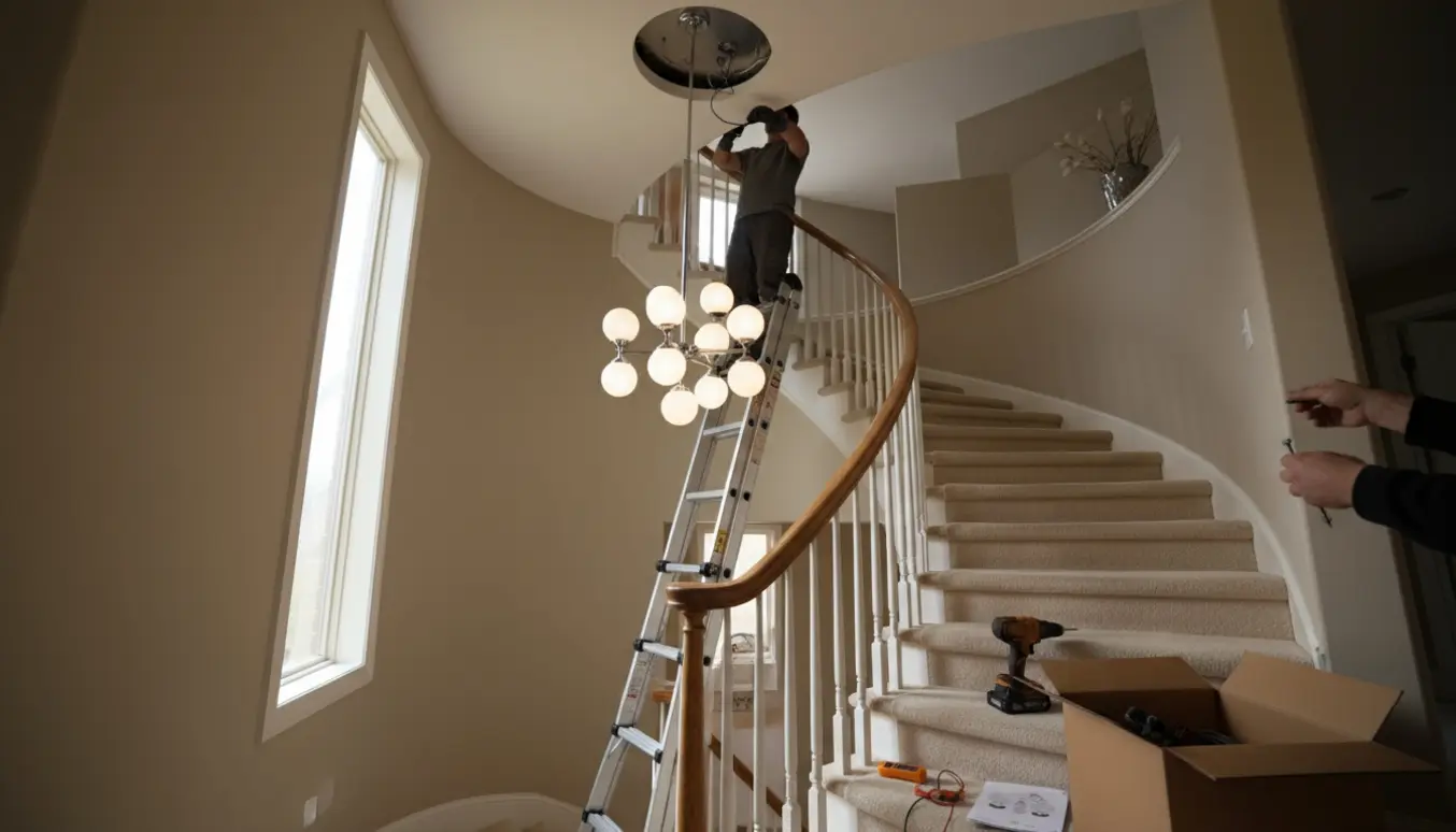 Montering af en loftlampe over en trappe med stige, værktøj og to personer uden synlige ansigter.