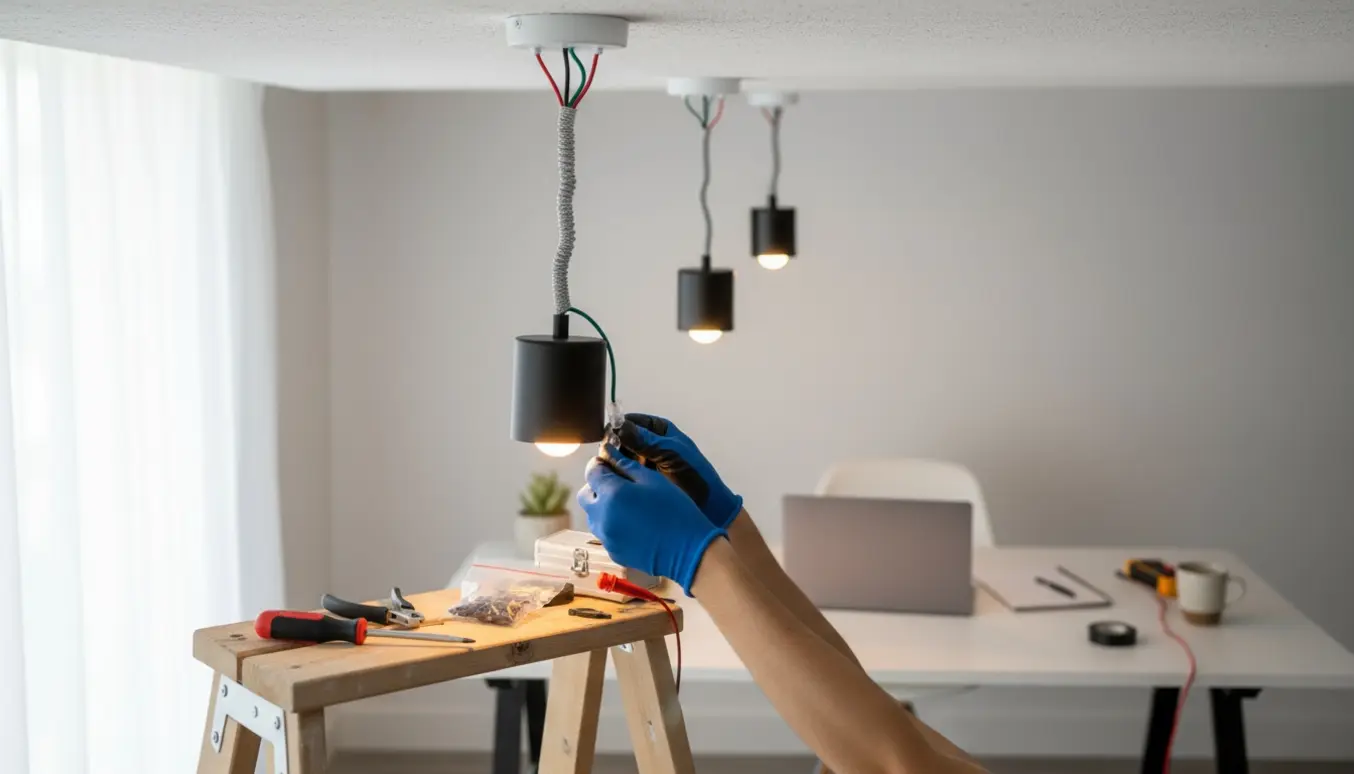 To loftslamper monteres i et lyst kontor, teknikerens hænder forbinder ledninger fra en stige.