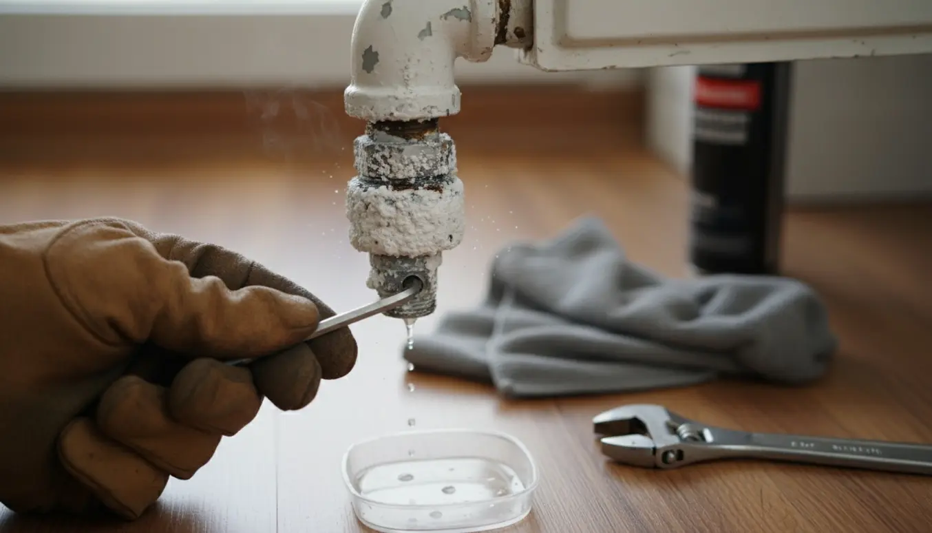 Nærbillede af en kalket radiatorventil med en umbraconøgle, der glider uden at få fat, og værktøj ved siden af.