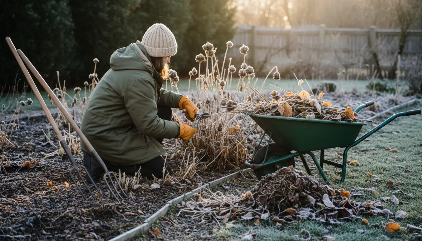 Handsker og beskærersaks rydder døde planter i et havebed klar til vinter.