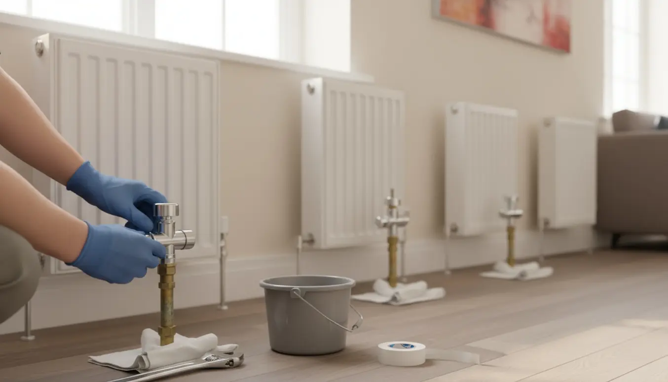 Hænder i handsker skifter termostater på fire vægmonterede radiatorer i en lys stue.