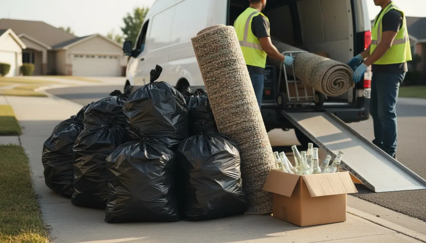 Bunke med sorte skraldeposer, et rullet tæppe og glasflasker læsses i en åben hvid varevogn.