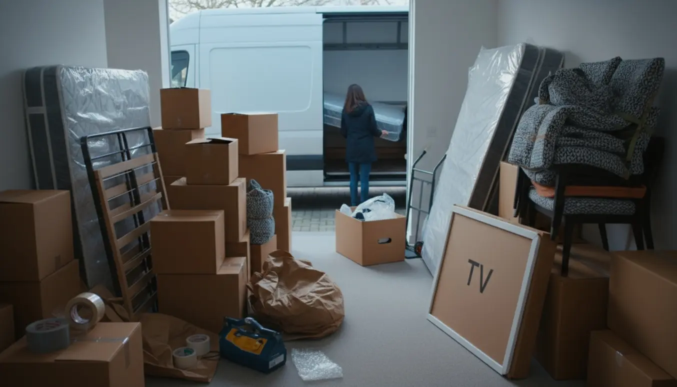 To personer set bagfra løfter en indpakket madras og flytter kasser, stole og møbler ved en åben flyttebil i svagt vinterlys.