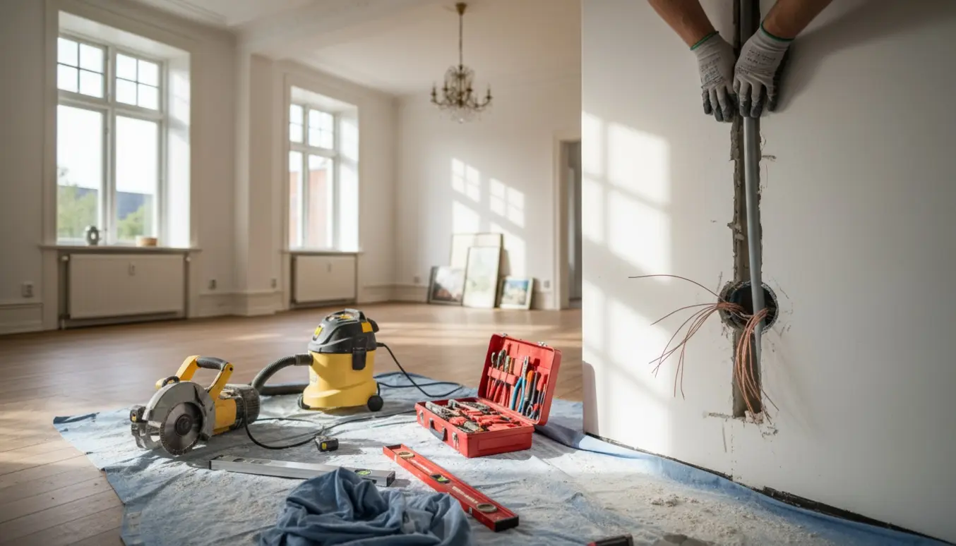 Indfræsning af el i en lys Østerbro-lejlighed med nye rør og værktøj.