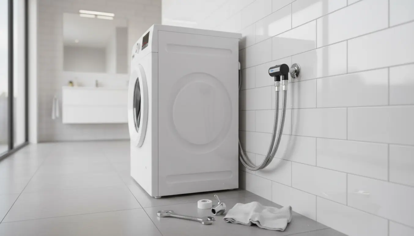 Vaskemaskine med tilsluttede slanger og aquastop, vægudtag uden monteret spulehane klar til montering.