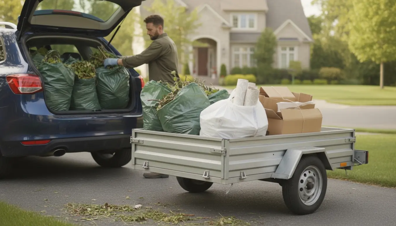 Åben biltrunk og trailer med 6 poser haveaffald, en pose med tapet og stakke af pap klar til kørsel til genbrugsplads.