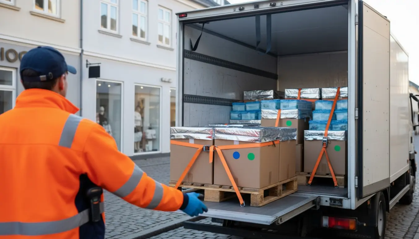 Kølebil med åben lad og fragtmand set bagfra, mens en palle med kolde varer sænkes ned på fortovet.