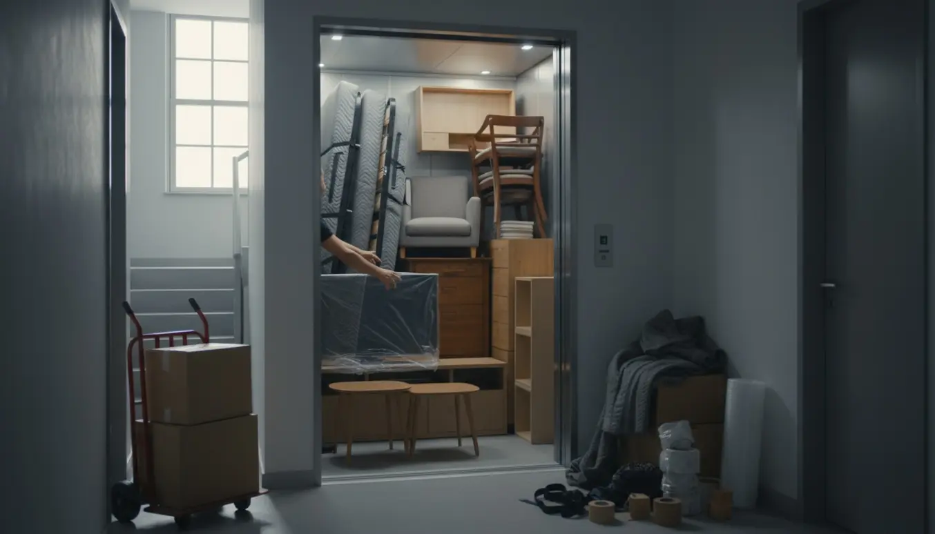 Flyttefolk læsser møbler og mange flyttekasser ind i en åben elevator i en moderne opgang.