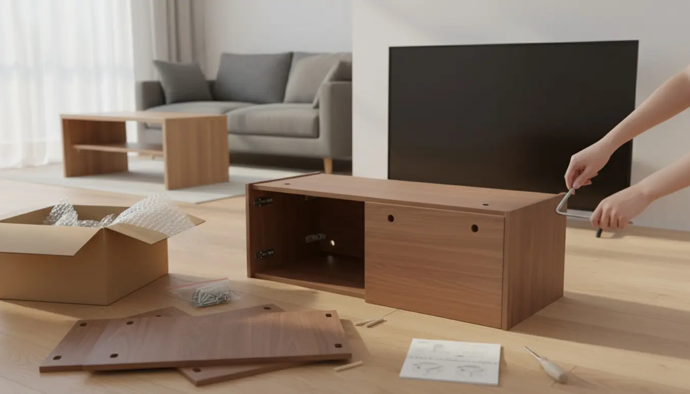 Hænder samler et nyt TV-bord fra fladt pakkemøbel i en lys, moderne stue.