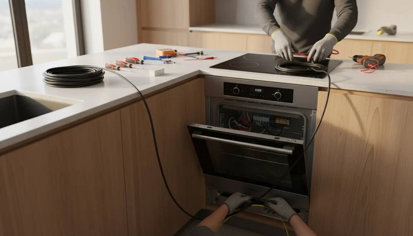 Elektriker med handsker fører et tre meter langt kabel under køkkenelementerne for at tilslutte ovn og kogeplade.