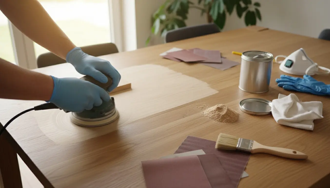 Nærbillede af hænder, der sliber og efterbehandler en massiv egetræs spisebordplade med olie i et lyst spisehjørne.