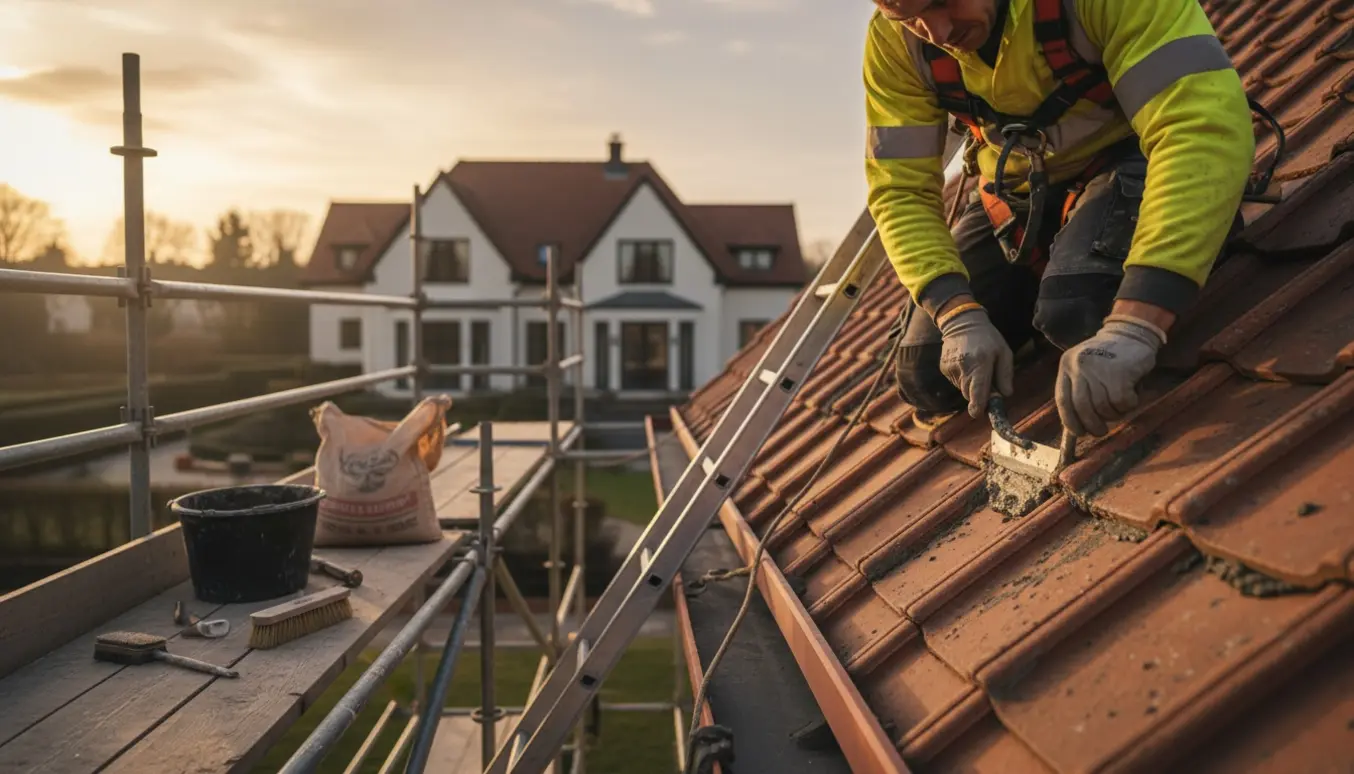 Håndværker i sikkerhedsudstyr reparerer en utæt tegltag-rygning med mørtel fra en tagstige og stillads.