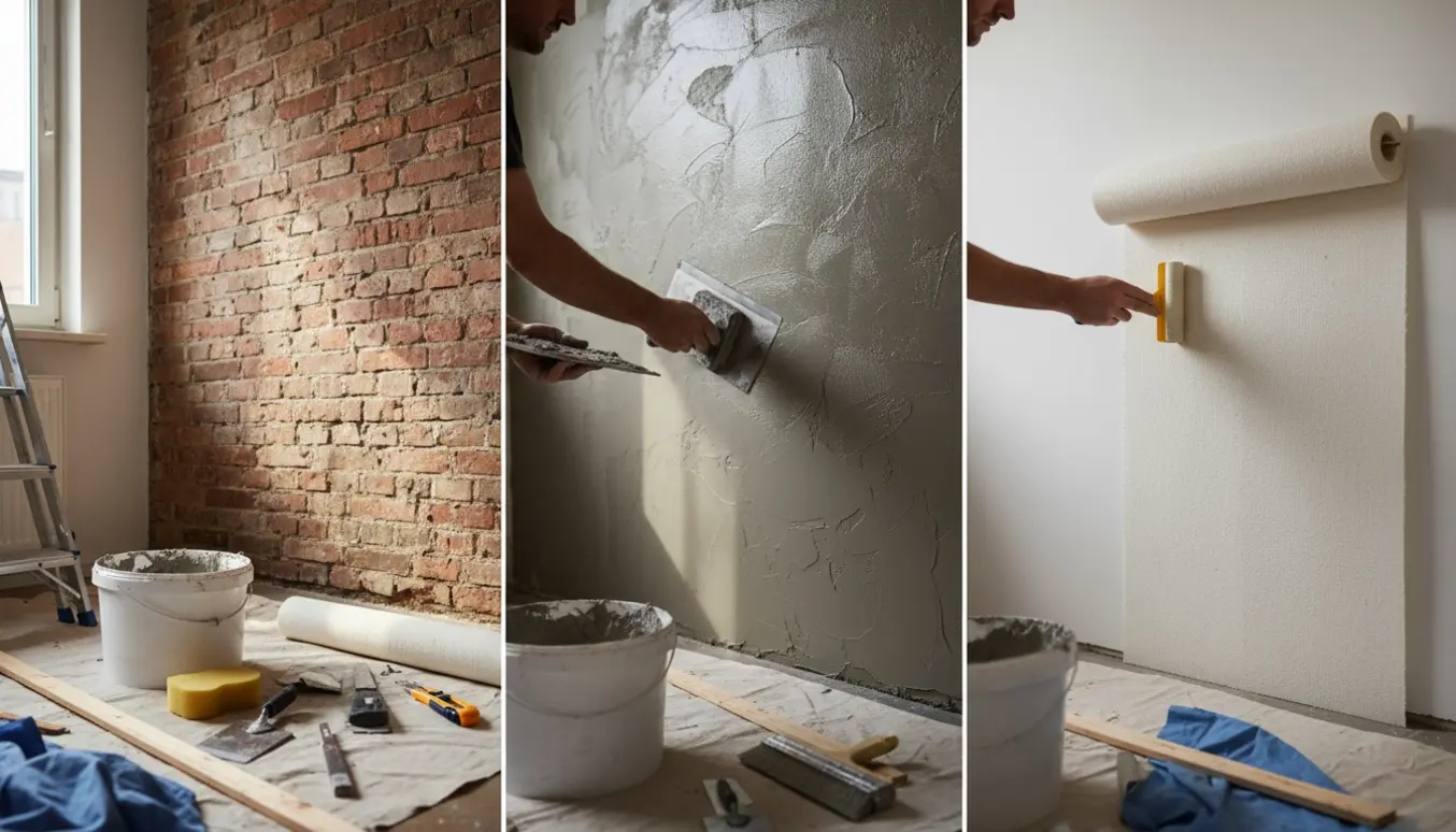 Halvt pudset rå murstensvæg i lejlighed med filt delvist opsat og værktøj på et beskyttende underlag.