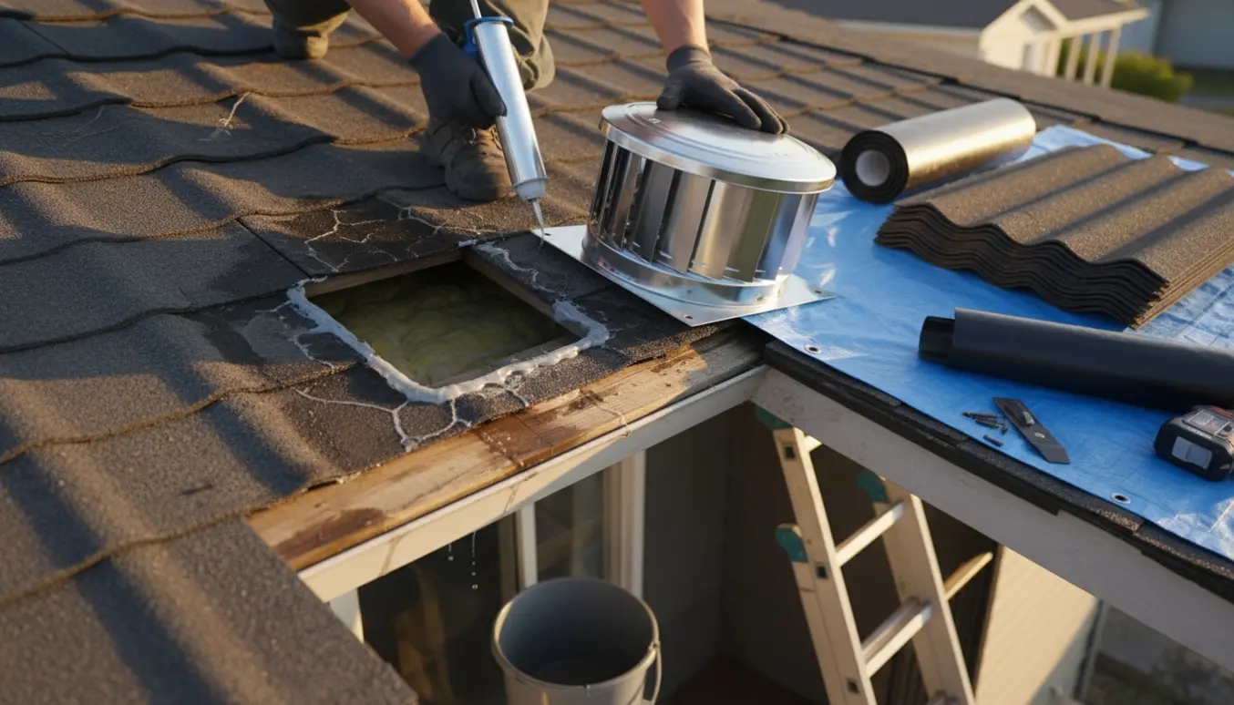 Nærbillede af tagreparation med revnede tagplader, ny taghætte og en hånd, der påfører tætningsmiddel.