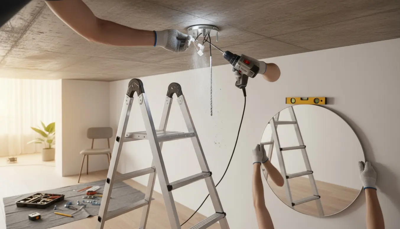 Hænger lampe i betonloft og justerer et spejl mod væggen med værktøj.