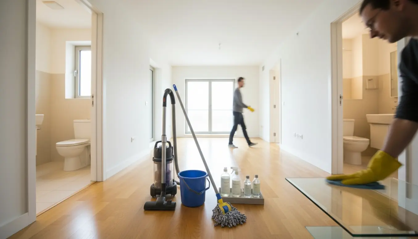 Lys, moderne lejlighed under rengøring med støvsuger, moppe, spand og åben dør til toilet.