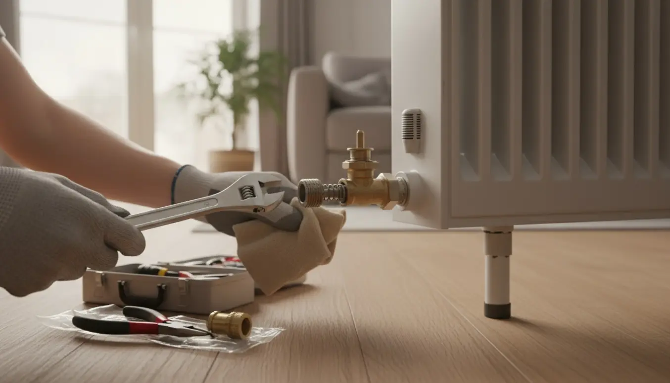 Nærbillede af radiator med termostat fjernet og værktøj klar til at undersøge en støjende ventil.