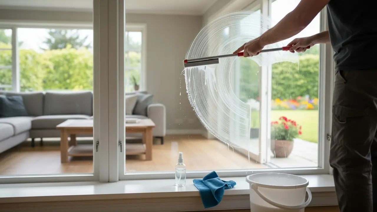 Person pudser vindue indendørs med indvasker og skraber i S-teknik
