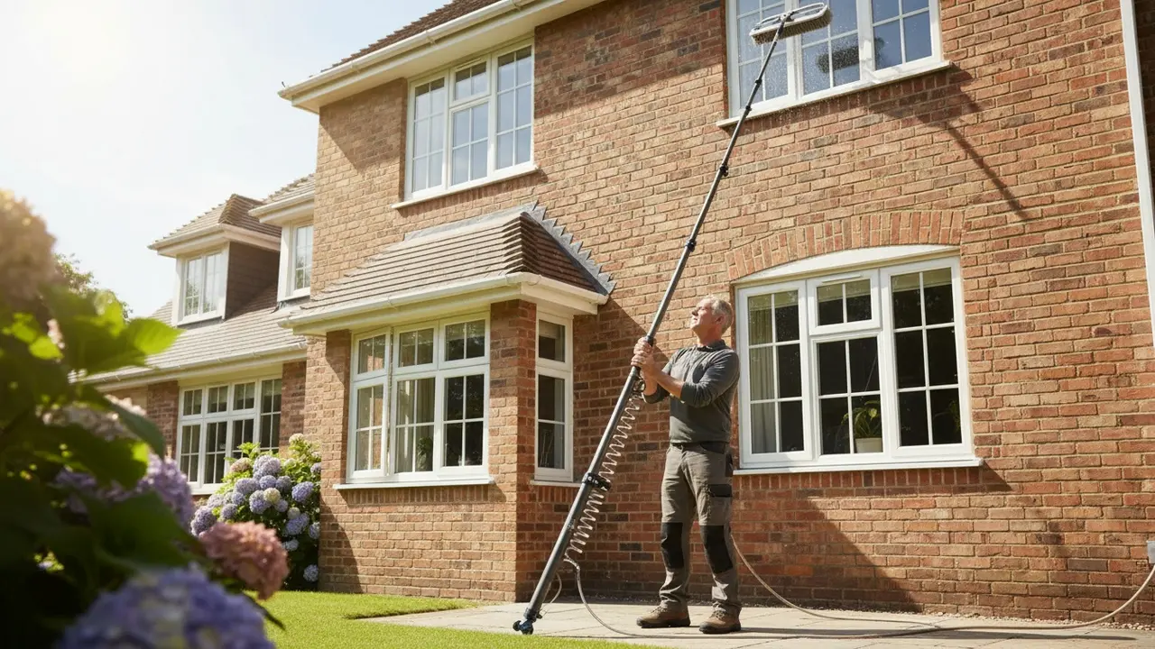 Udendørs teleskopstang med vandføring strakt op til et højt vindue