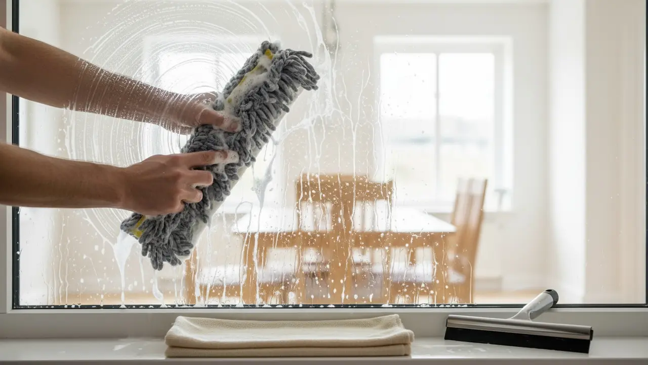 Nærbillede af indvasker der vasker vindue side til side med klud til at opsuge dråber