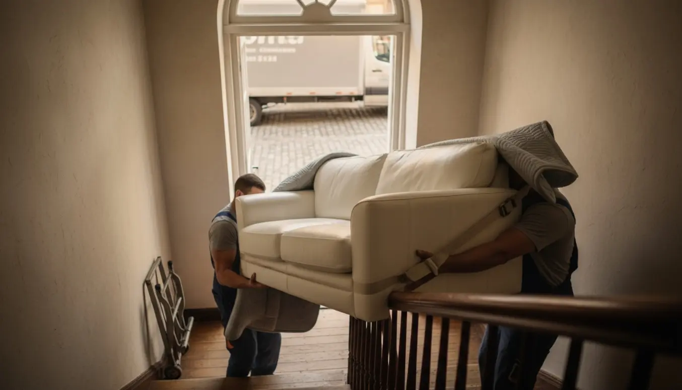 En hvid lædersofa bæres op ad en smal opgang af flyttemænd med hænderne synlige, ansigter uden for billedet.