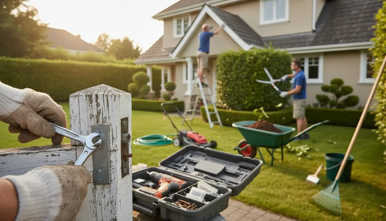 Altmuligmand arbejder med have- og boligvedligeholdelse ved et hus med værktøj og haveredskaber i forgrunden.