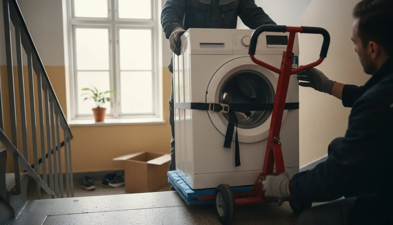 En defekt vaskemaskine på opgangen på en øverste etage, fastspændt på en flyttekælk og klar til at blive kørt ned.