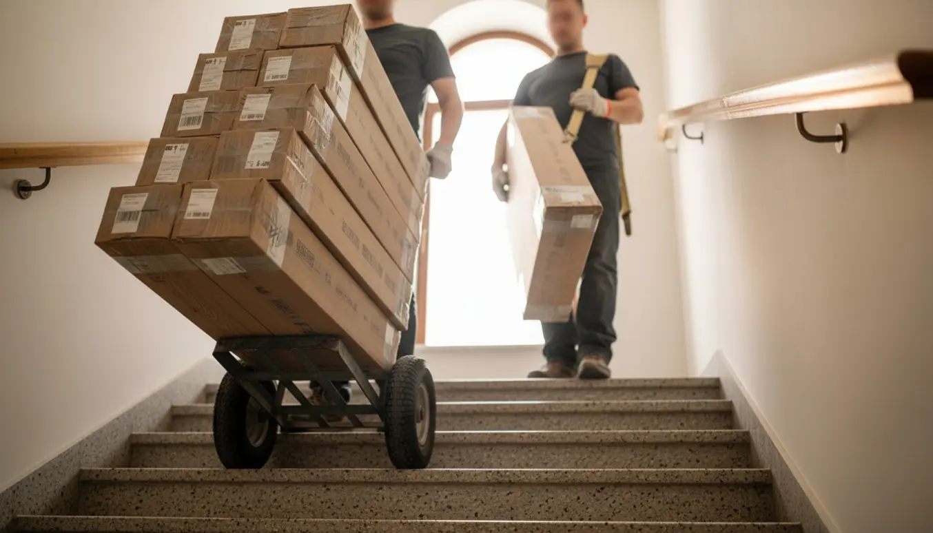 To personer bærer 12 pakker laminatgulv op ad en lys trappe i en ejendom.