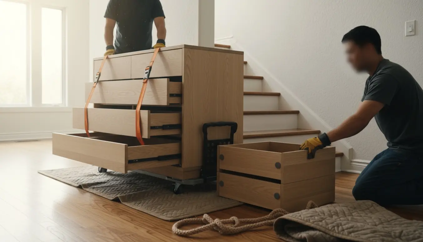 To flyttes en tung, lyse kommode op ad en trappe med skuffer fjernet og stablet ved siden af.