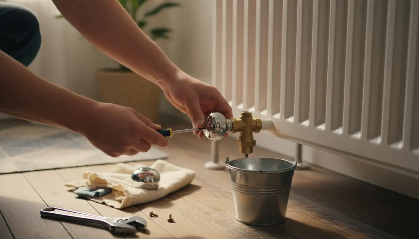 Hænder udskifter et digitalt termostathoved med en mekanisk radiatorventil ved en hvid radiator.