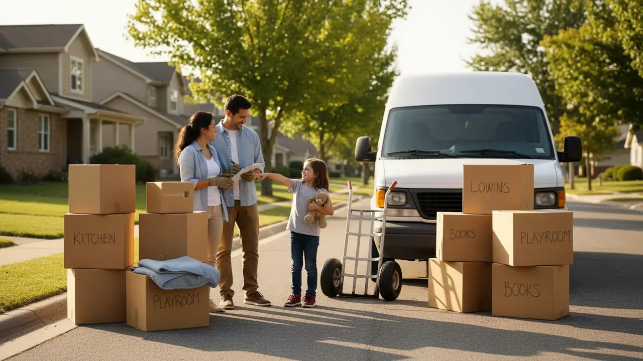 Familie udenfor hus med flyttebiler og stablede flyttekasser