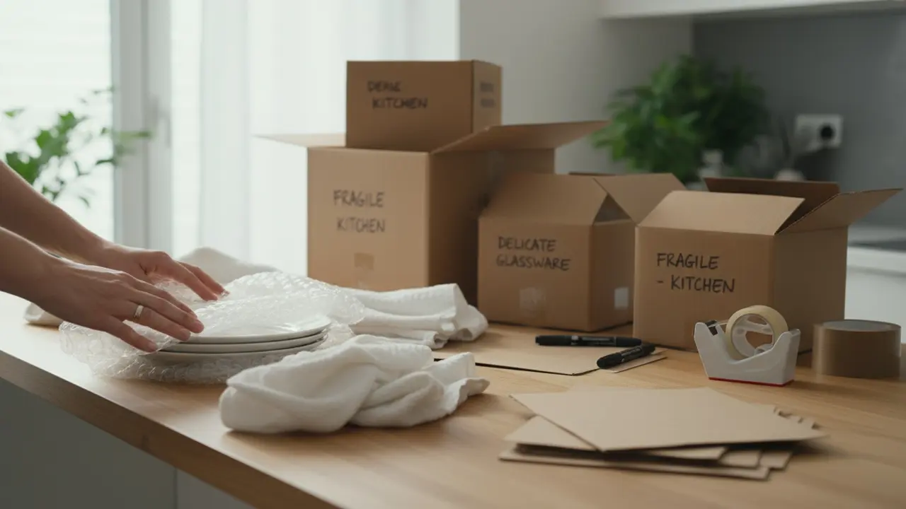 Nærbillede af bord med bobleplast, indpakkede service og mærkede flyttekasser