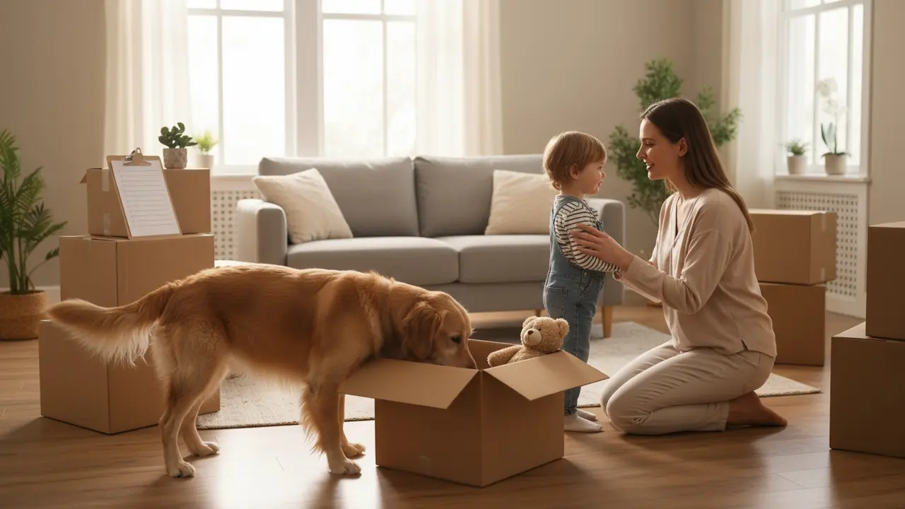 Forælder taler med barn mens hund undersøger flyttekasser i stuen