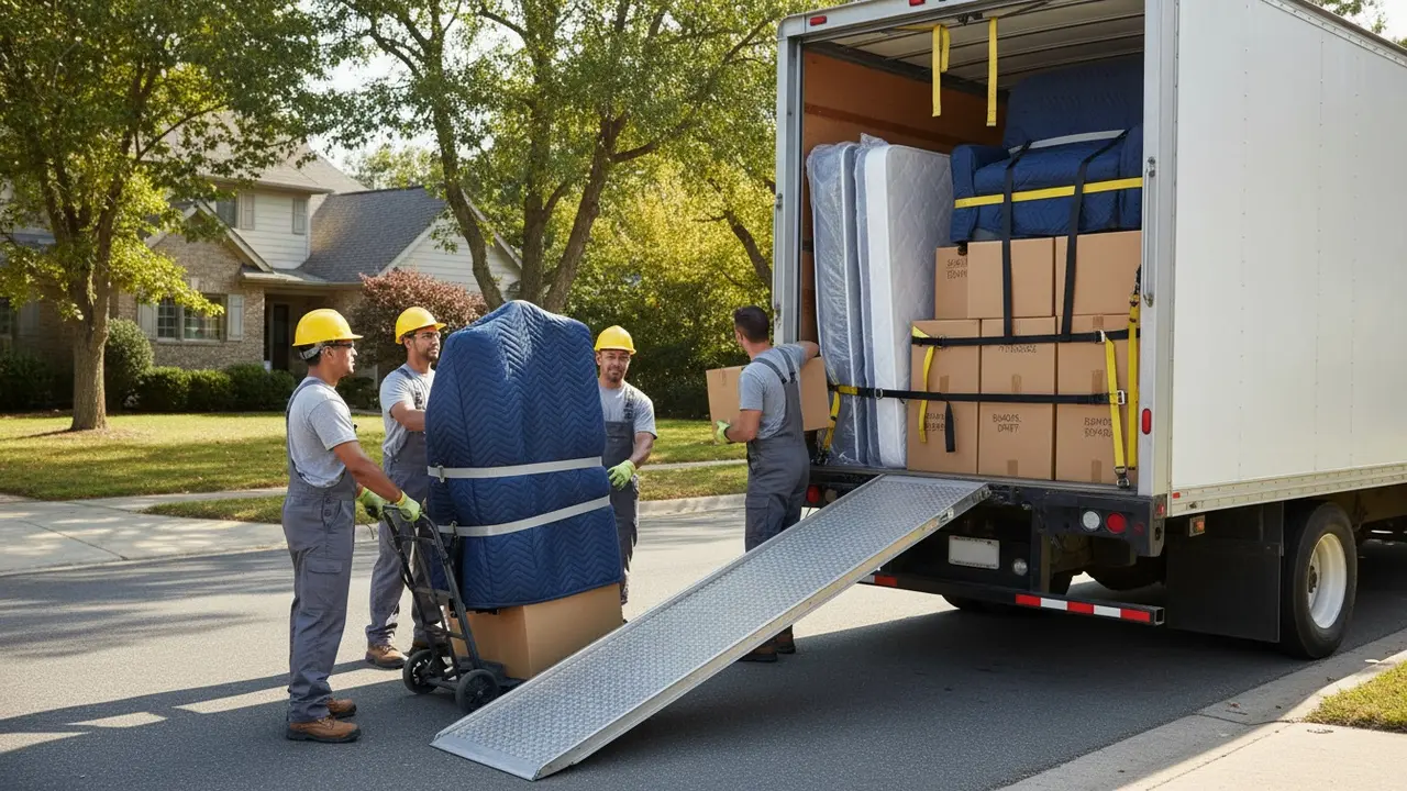 Flyttefolk laster lastbil med tæpper, madrasovertræk og fastgjorte kasser