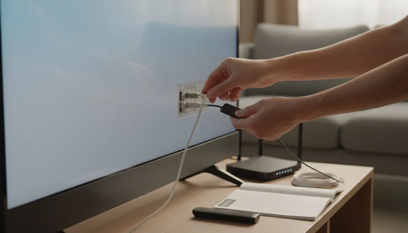 Hænder tilslutter antennekabel og en lille HDMI-dongle bag et nyt fladskærms-tv i en moderne stue.