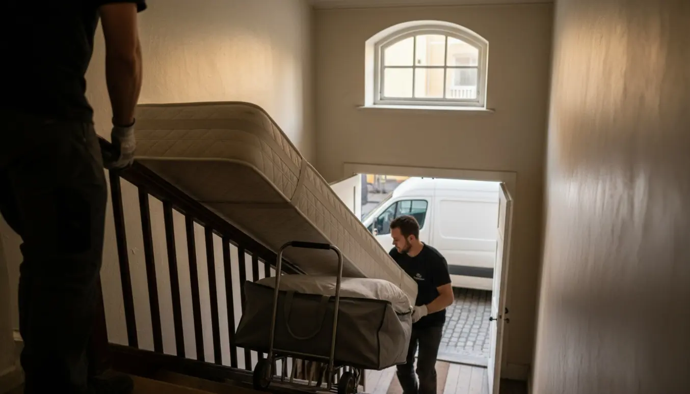 En smal enkeltsengsmadras og topmadras bæres ned ad en Vesterbro-trappe af hjælpere med ansigter ude af fokus.